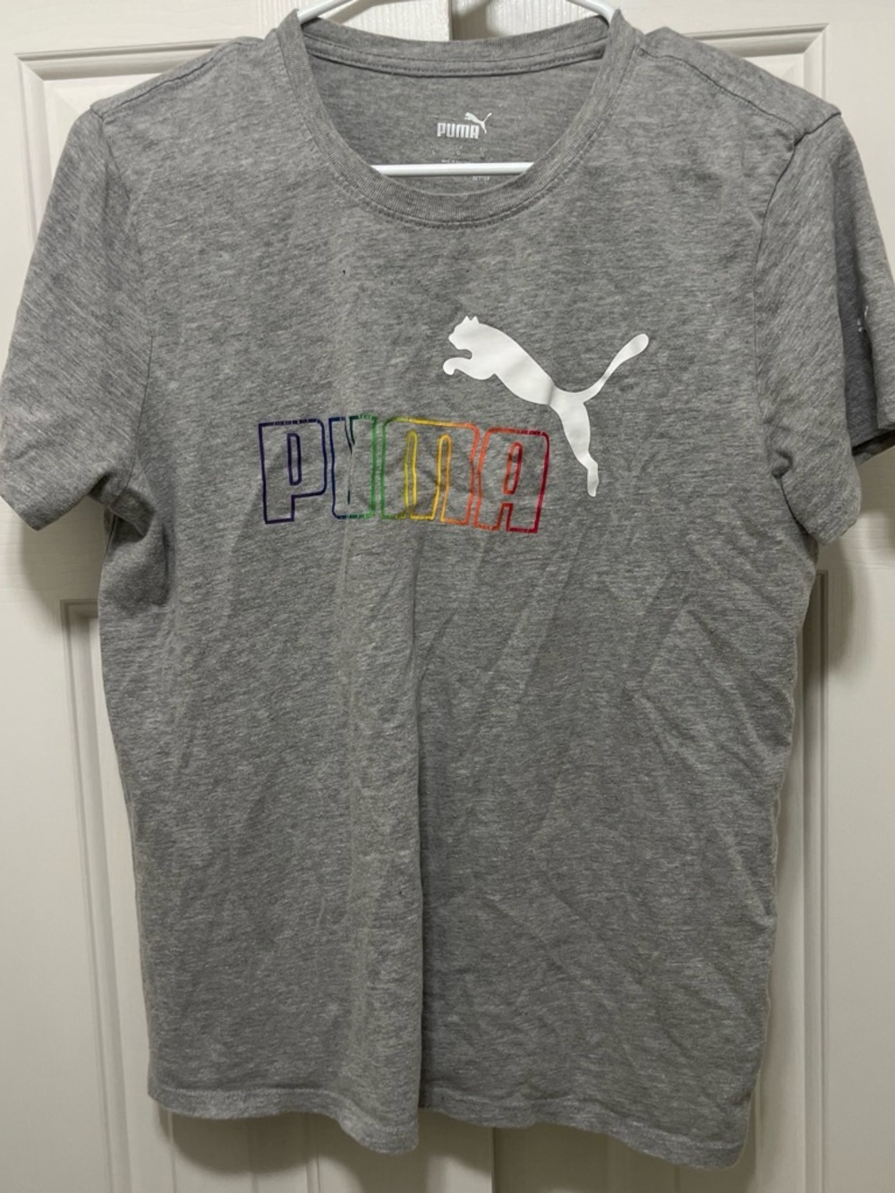 Puma Men's Gray Tee with White Puma and Rainbow Outline Logo